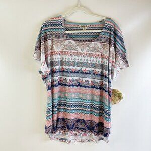 One World Womens Shirt Top 2X Boho Studded Short Sleeve OW5